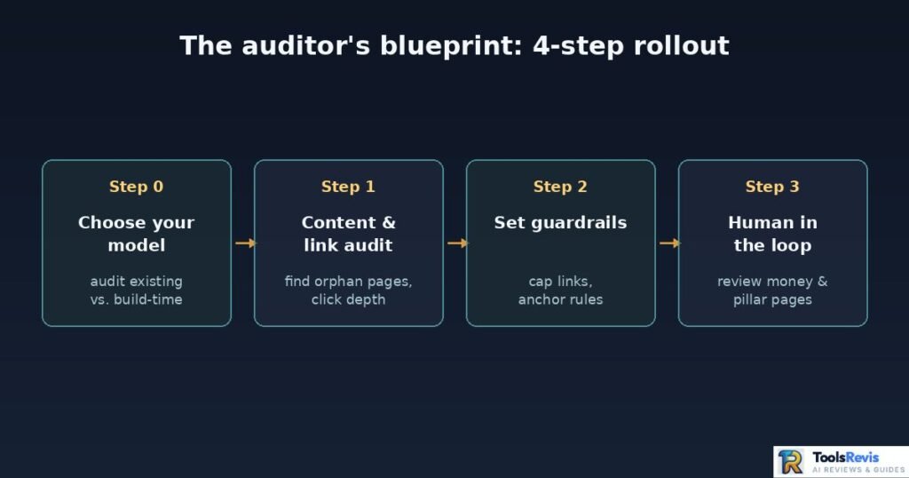 4-step AI internal linking audit and rollout workflow diagram