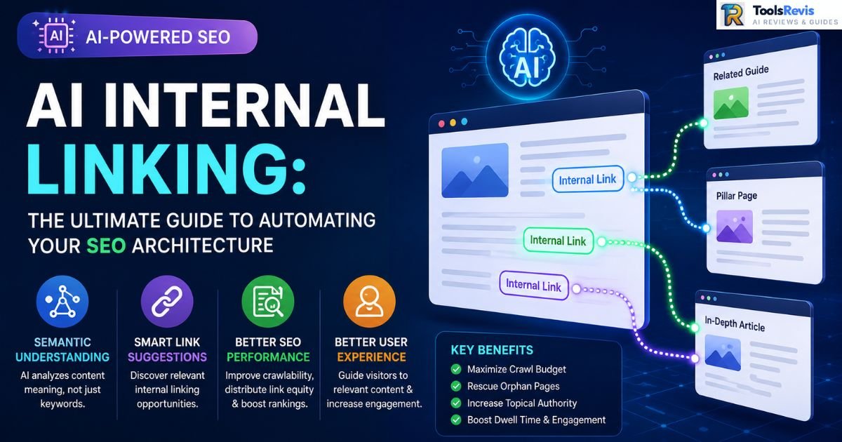 AI Internal Linking guide illustration showing semantic SEO architecture, automated internal link suggestions, pillar pages, and AI-powered website link optimization.