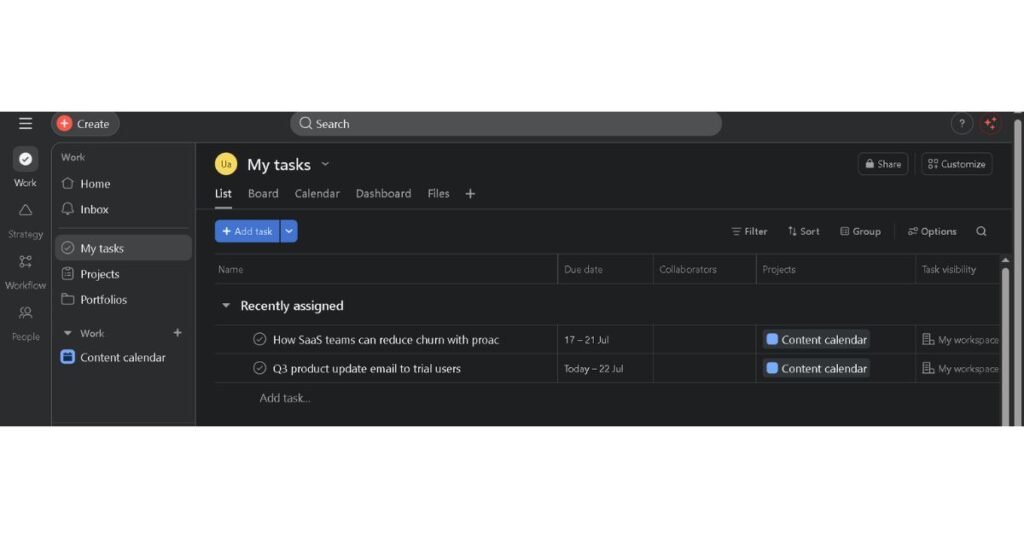 Asana My Tasks list view showing task names, due dates, projects, and collaborators grouped by recently assigned
