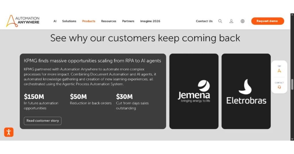 Automation Anywhere customer success stories showing RPA and AI agent results