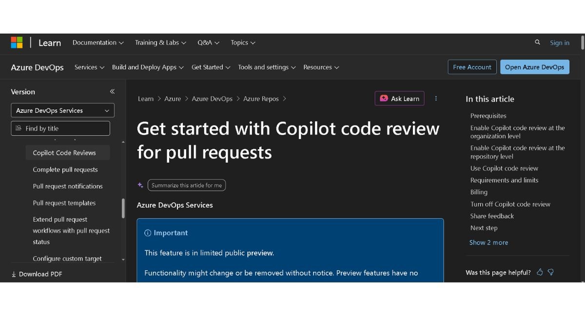 Microsoft Learn documentation interface showing Azure DevOps Copilot code review for pull requests in public preview.