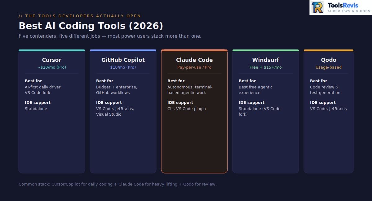 Comparison of top AI coding tools in 2026 including Cursor, GitHub Copilot, Claude Code, Windsurf, and Qodo, showing pricing and best use case for each