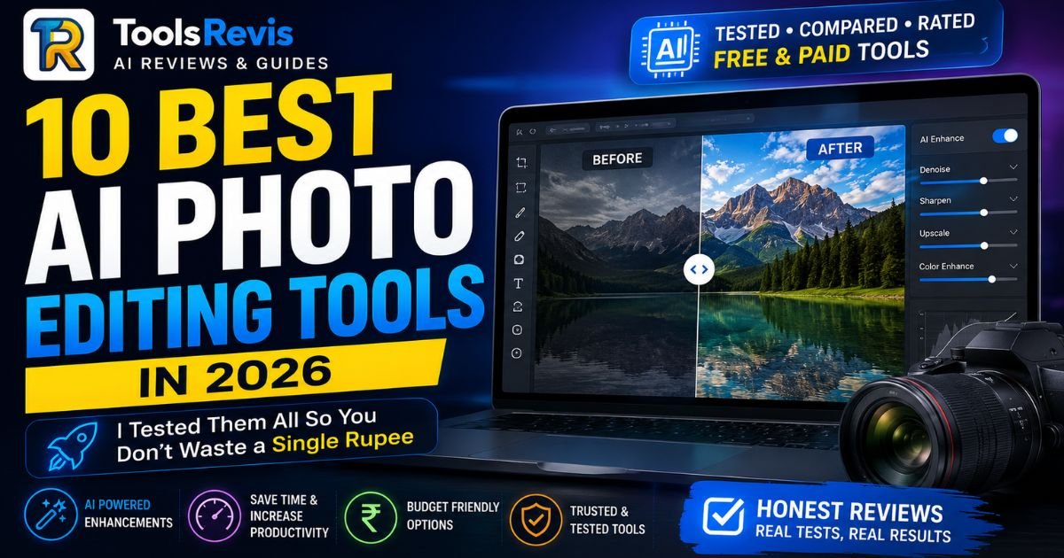 10 best AI photo editing tools 2026 featured image with before and after mountain photo enhancement