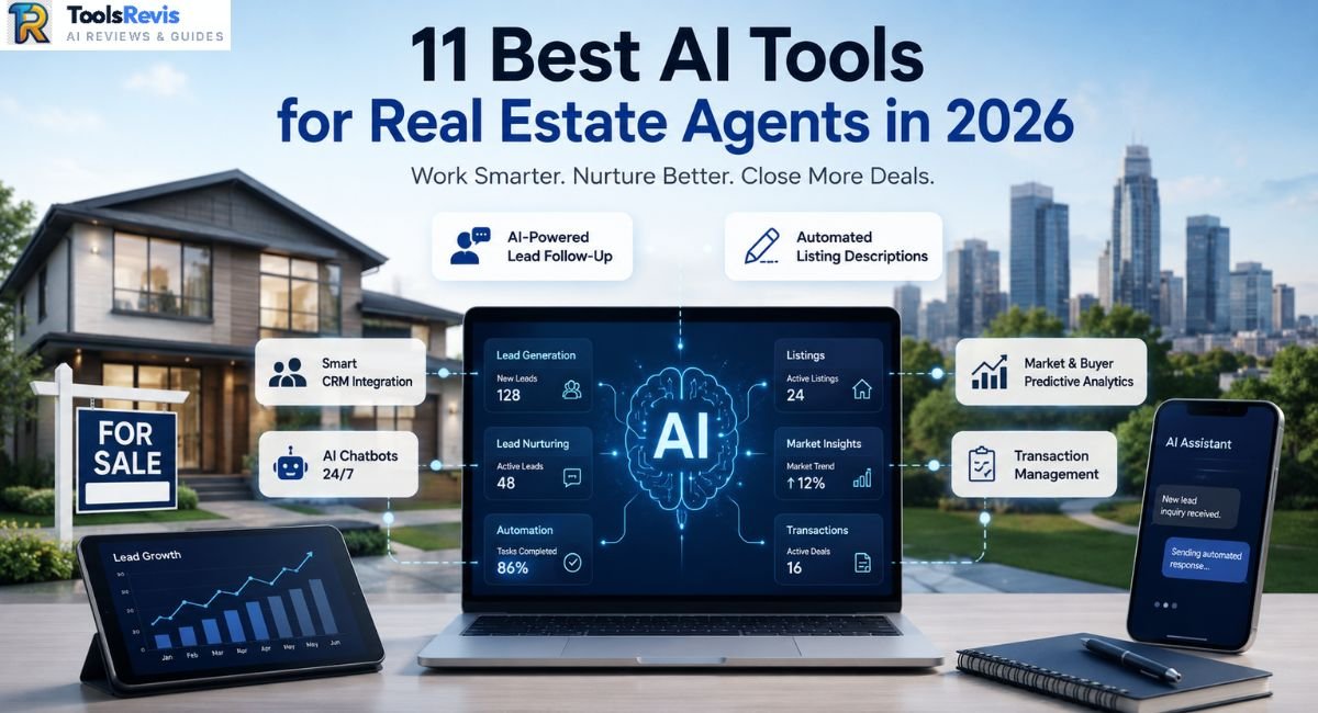 Modern illustration showing AI tools helping real estate agents with lead generation, CRM automation, listing creation, transaction management, and predictive analytics in 2026.