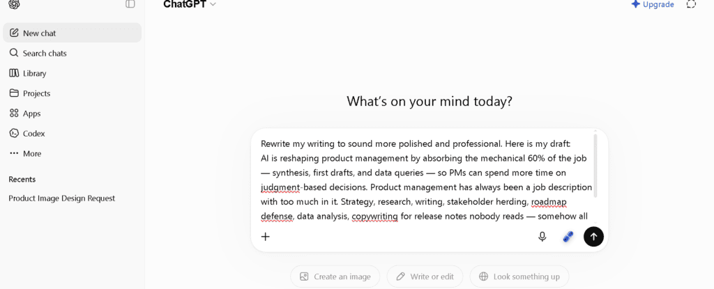ChatGPT prompt asking to rewrite product management writing to sound more polished
