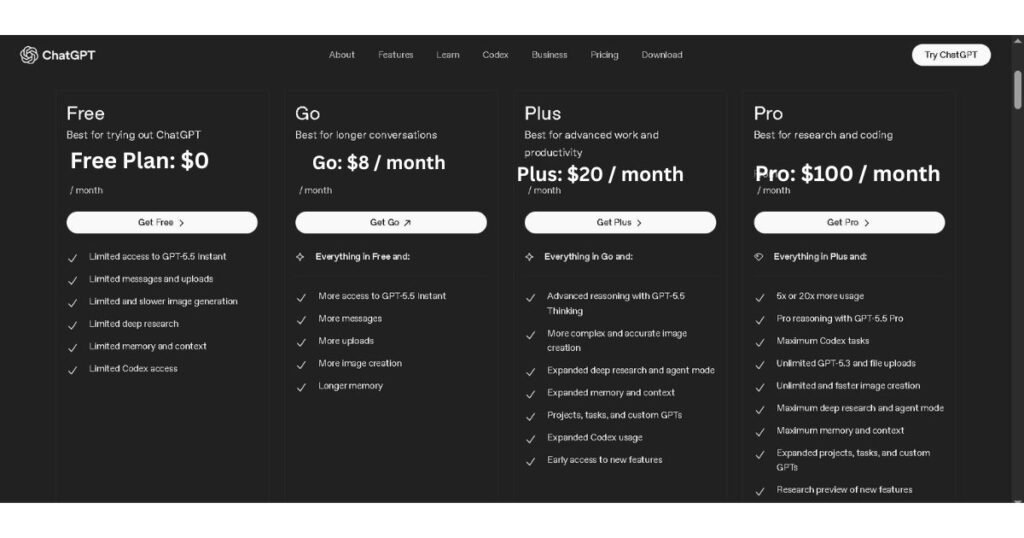 ChatGPT Plus pricing page screenshot showing monthly subscription cost