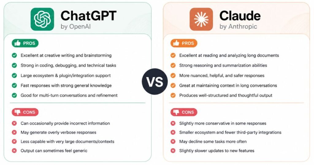 Infographic comparing pros and cons of ChatGPT Plus and Claude Pro