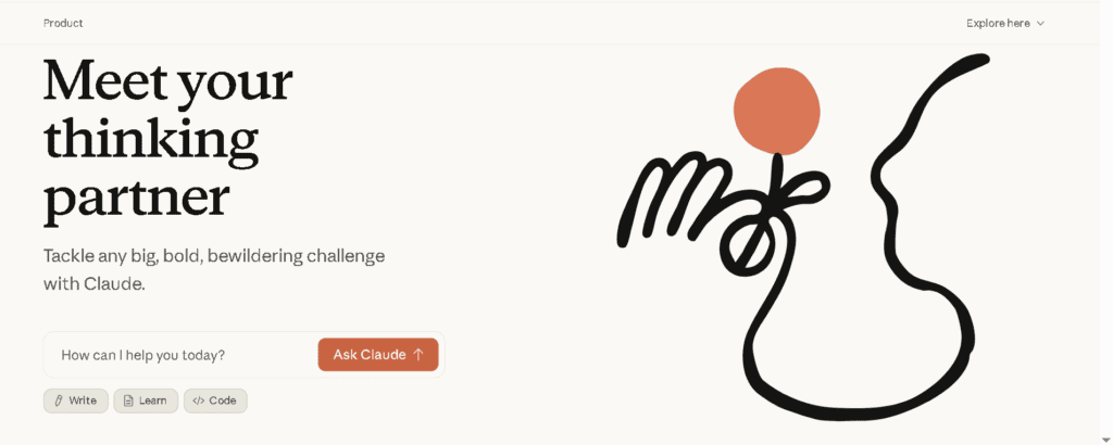 Claude AI homepage showing product overview and core capabilities
