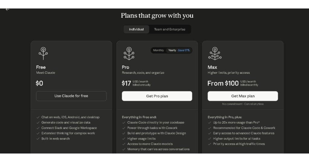 Claude Pro pricing page screenshot showing monthly and annual plans