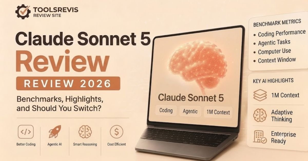 Claude Sonnet 5 Review 2026 feature image showing benchmarks, AI highlights, pricing overview, 1M context window, adaptive thinking, and enterprise-ready capabilities.