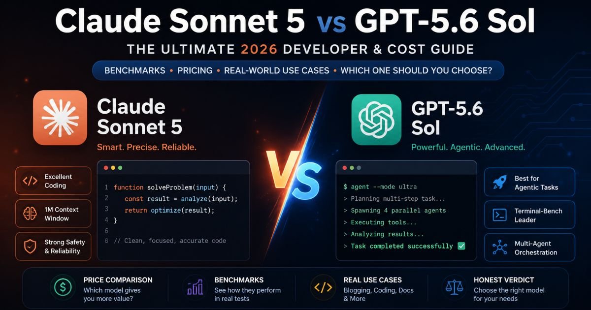 Claude Sonnet 5 vs GPT-5.6 Sol comparison showing AI coding performance, API pricing, benchmarks, and developer use cases in 2026.