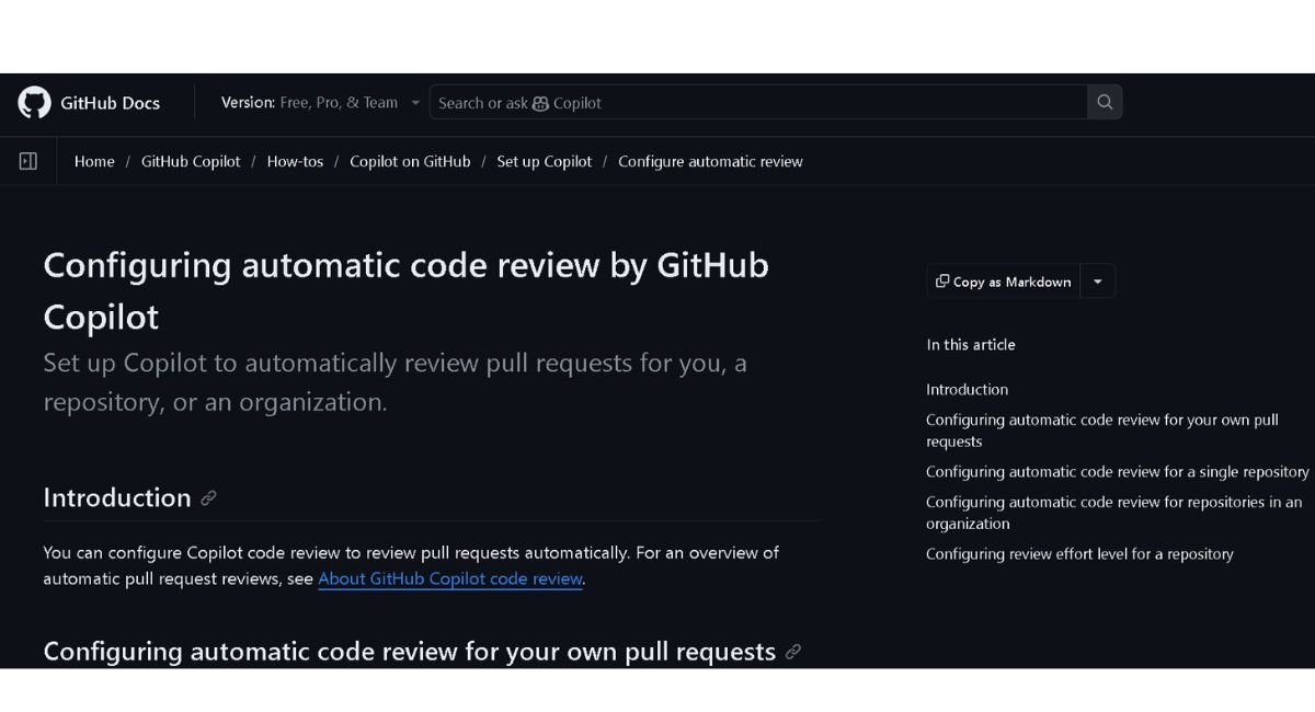 GitHub Docs official setup guide for configuring automatic code review by GitHub Copilot on repositories.