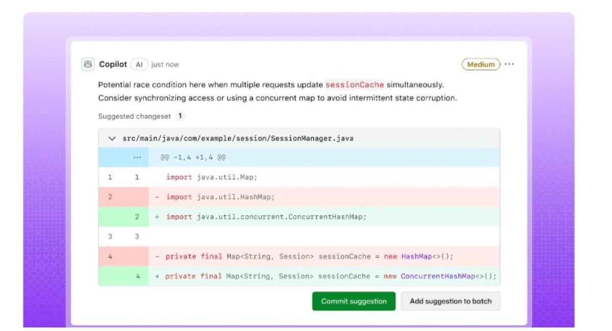 GitHub Copilot AI inline code review comment flagging a race condition with a commit suggestion in Java code.