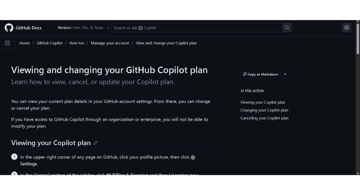 Screenshot of official GitHub Docs page titled Viewing and changing your GitHub Copilot plan, showing steps to view, change, and cancel a Copilot subscription