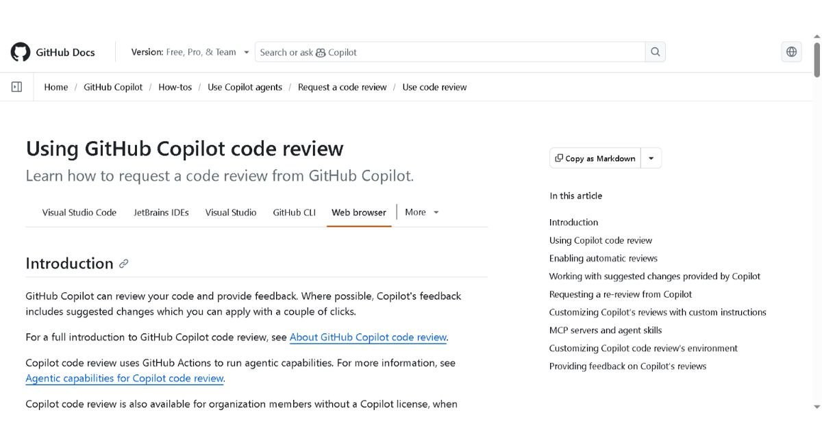 GitHub Docs page for using GitHub Copilot code review