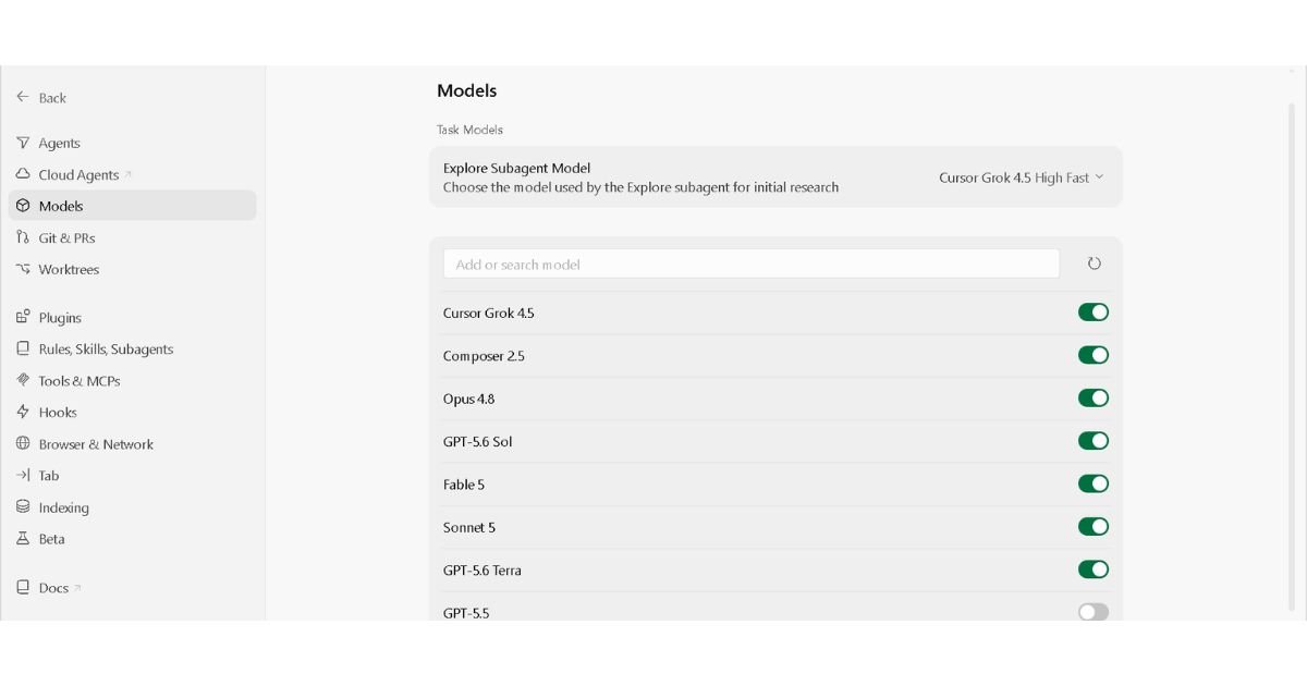 Cursor AI Models settings panel showing the "Add or search model" field alongside enabled models including Sonnet 5, Opus 4.8, Fable 5, and GPT-5.6 Sol