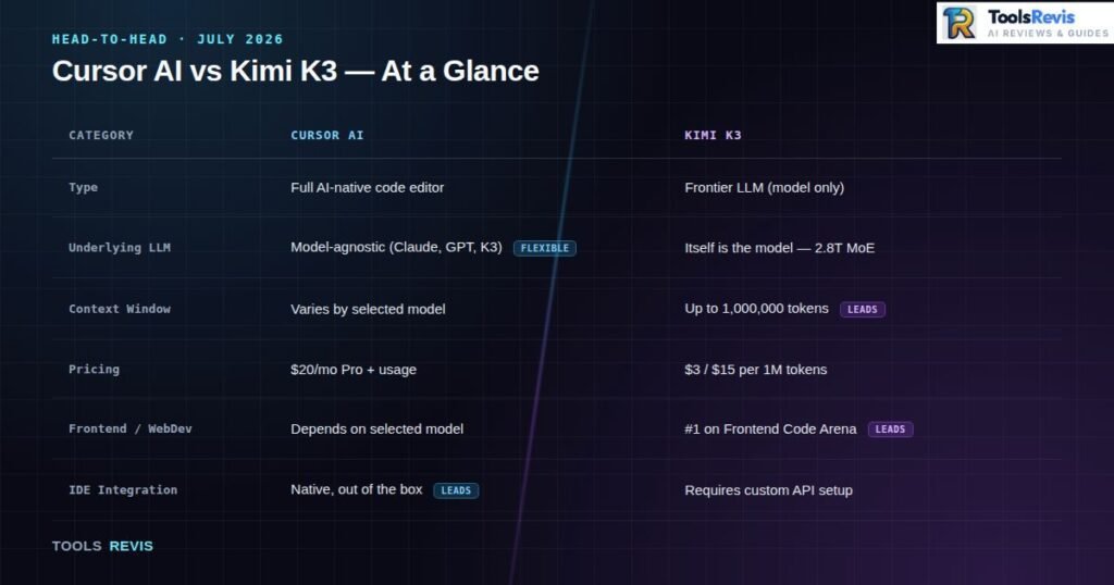 Cursor AI vs Kimi K3 head-to-head comparison table showing context window, pricing, IDE integration, and frontend benchmark rankings