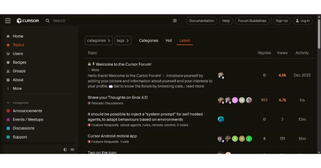 Cursor AI community forum showing latest feature requests and discussions