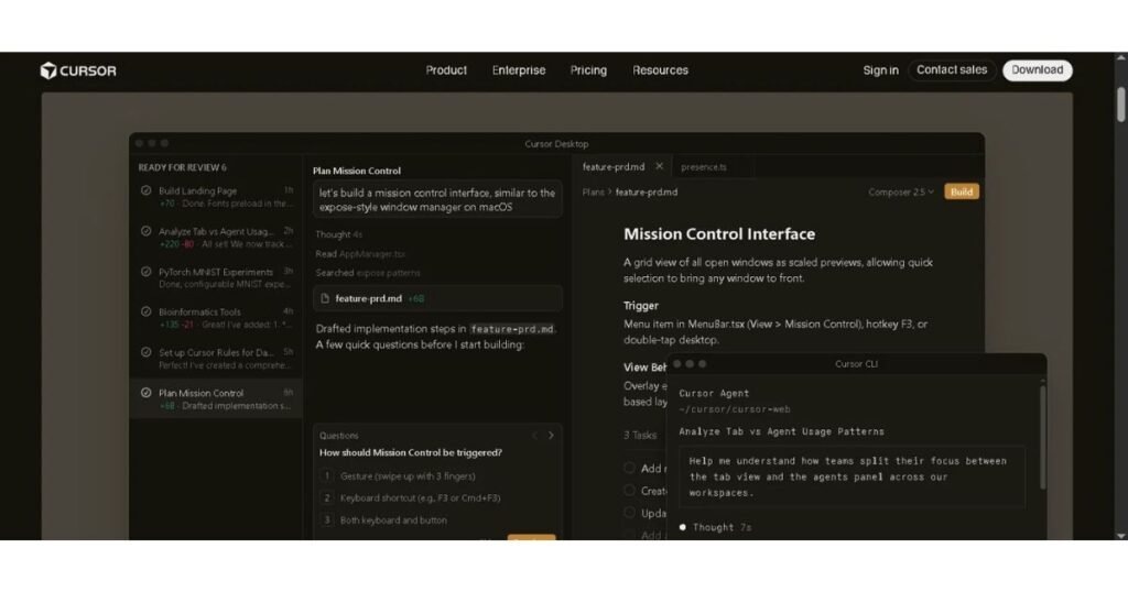 Cursor AI editor interface showing Composer 2.5 and Agent Mode building a feature