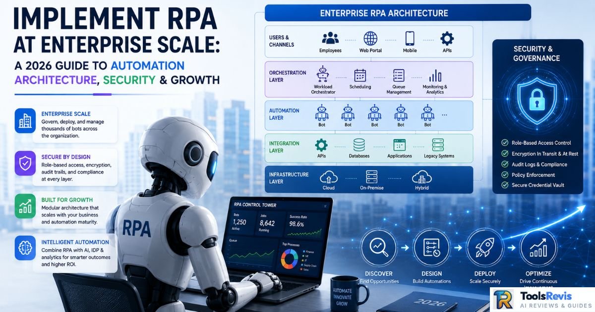 Enterprise RPA implementation architecture illustrating scalable automation, orchestration, governance, security, and business growth framework for 2026.