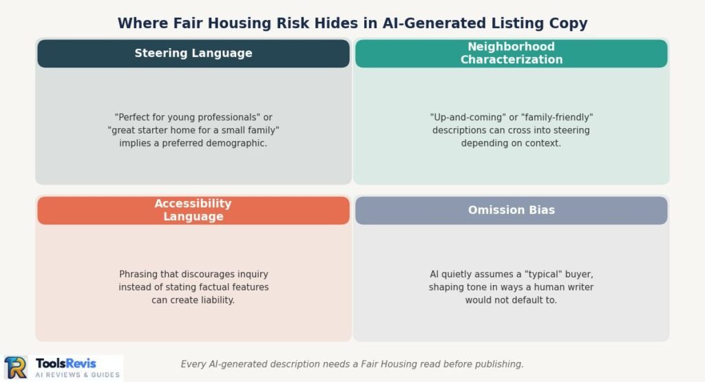 Fair housing risk areas in AI generated real estate listing copy including steering language and neighborhood characterization
