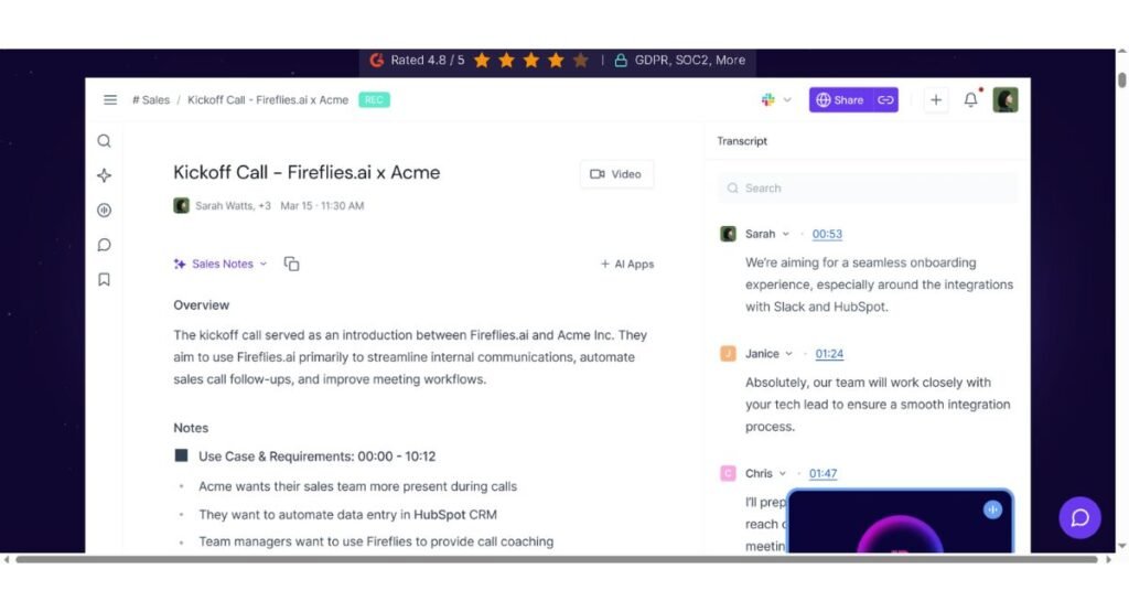 Fireflies ai meeting transcript and notes interface for real estate client call logging