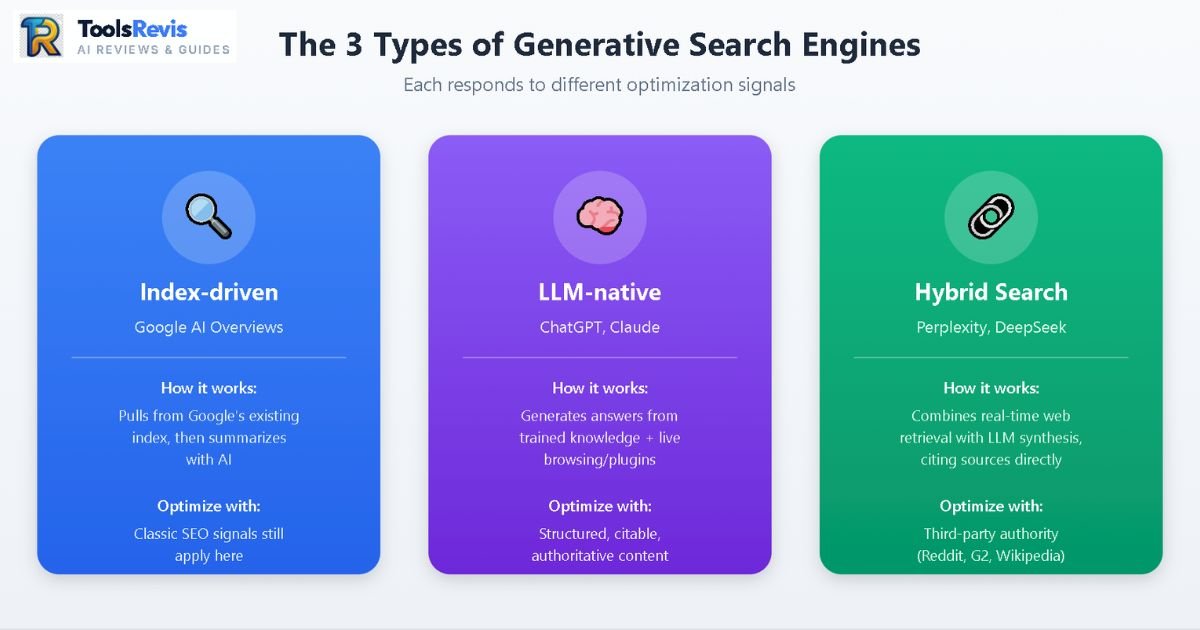 Diagram showing the three types of generative search engines: Index-driven, LLM-native, and Hybrid Search