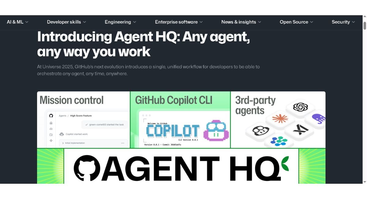 GitHub blog announcing Agent HQ with Mission Control, Copilot CLI, and third-party agents