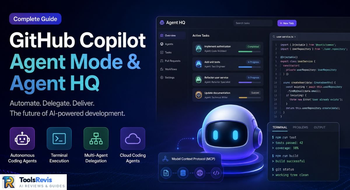 Illustration of GitHub Copilot Agent Mode and Agent HQ showing AI coding workflow, multi-agent task management, terminal execution, Model Context Protocol (MCP) integration, and cloud coding concepts in a modern developer dashboard.