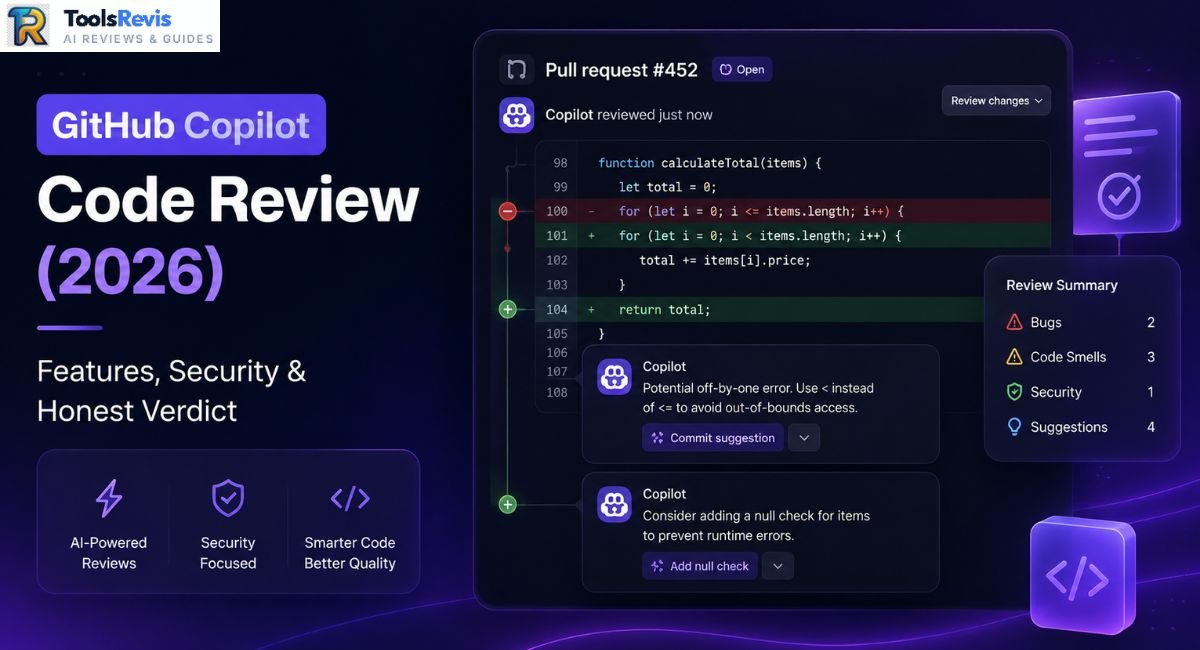 GitHub Copilot Code Review 2026 feature image showing AI-powered pull request review, security analysis, and automated code suggestions.