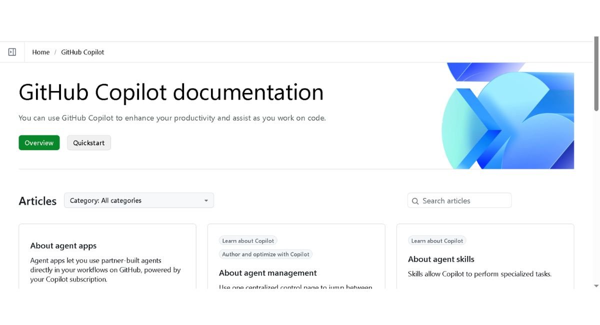 GitHub Copilot documentation homepage with articles on agent apps and agent management