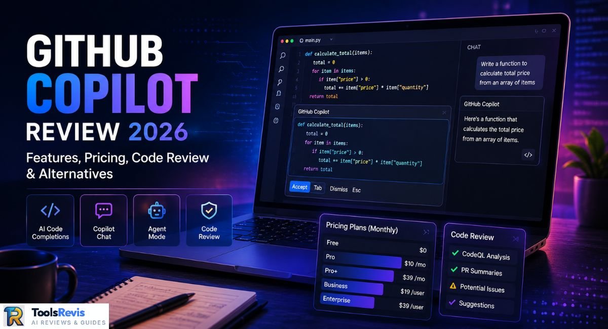 GitHub Copilot Review 2026 feature image showing AI coding assistant, pricing plans, code review, agent mode, and developer workflow.