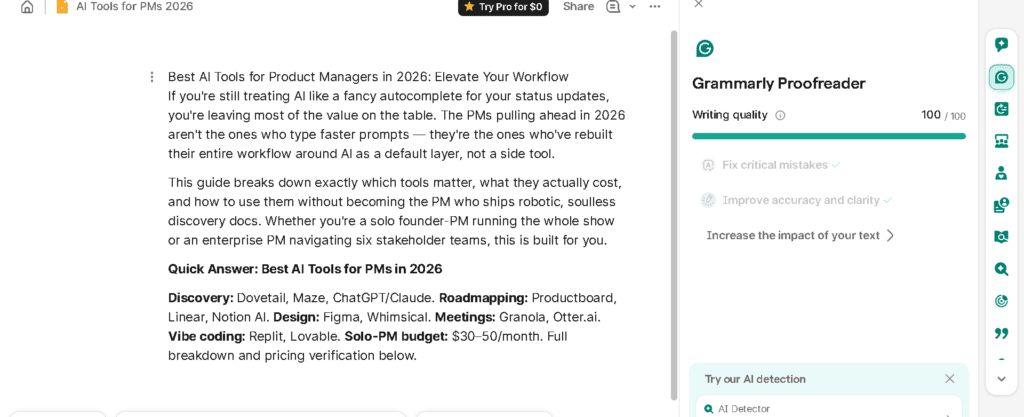 Grammarly tone and clarity suggestions applied to a blog draft