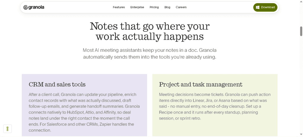 Granola's AI note-taker feature page showing meeting notes automation