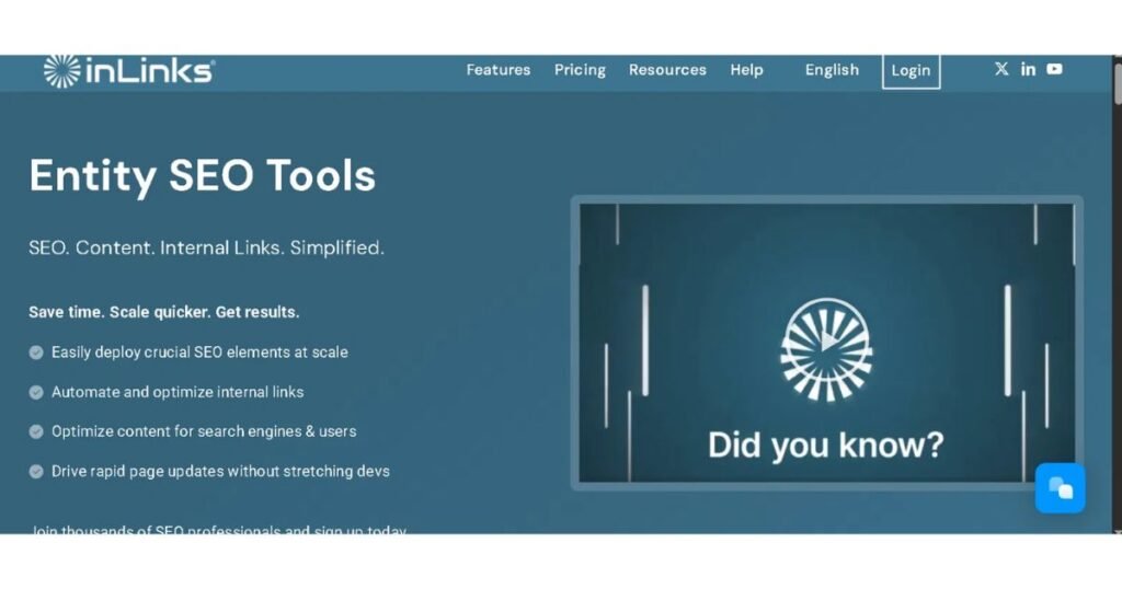 InLinks entity SEO tools homepage showing automated internal linking features