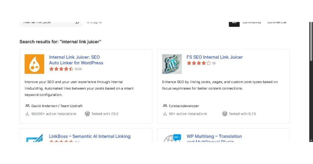 Internal Link Juicer WordPress plugin search results page