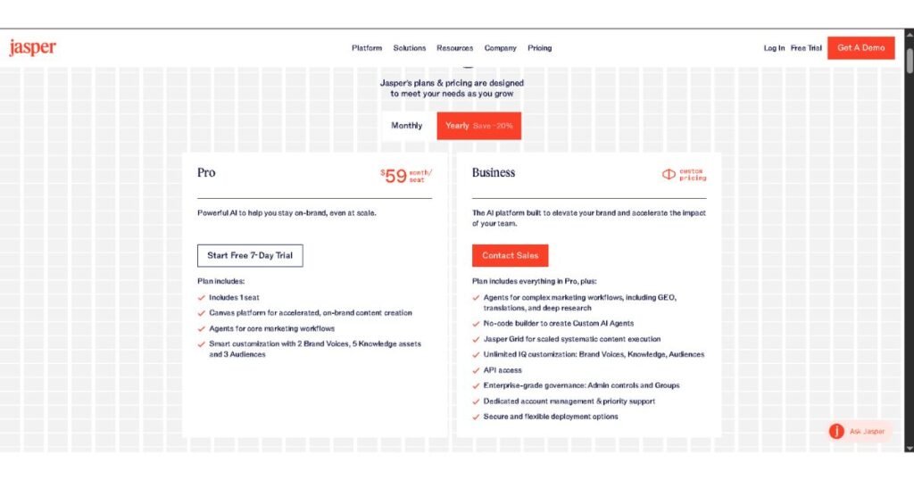 Jasper AI pricing page showing Pro and Business plan costs