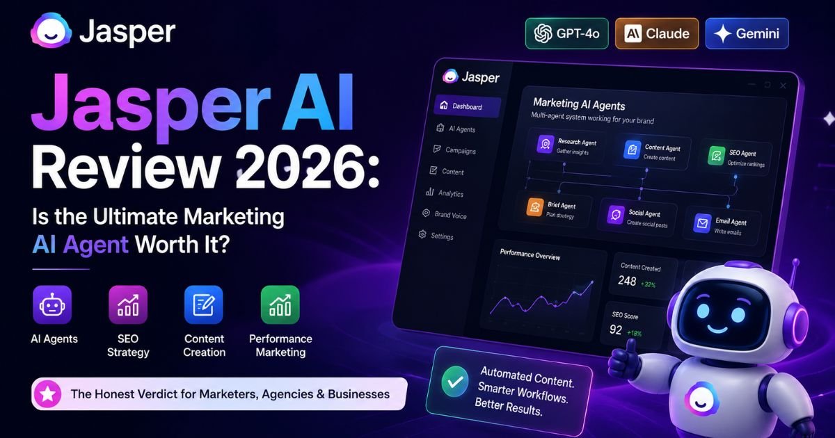 Jasper AI Review 2026 featuring AI marketing agents, GPT-4o, Claude, Gemini integration, SEO automation, and content creation dashboard.