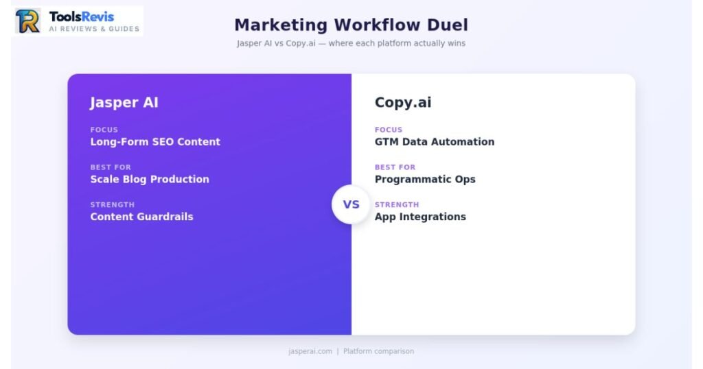 Jasper AI vs Copy AI marketing workflow comparison chart