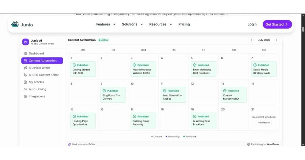 Junia AI content automation dashboard showing scheduled published posts