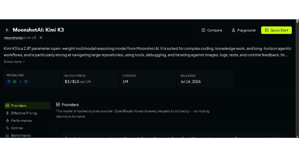 Kimi K3 model page on OpenRouter showing the moonshotai/kimi-k3 slug, $3/$15 per million token pricing, 1M context window, and July 16, 2026 release date