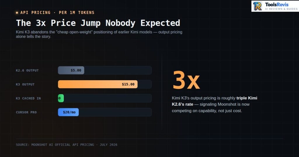 Kimi K3 API pricing chart showing 3x cost increase compared to Kimi K2.6, alongside Cursor Pro subscription pricing