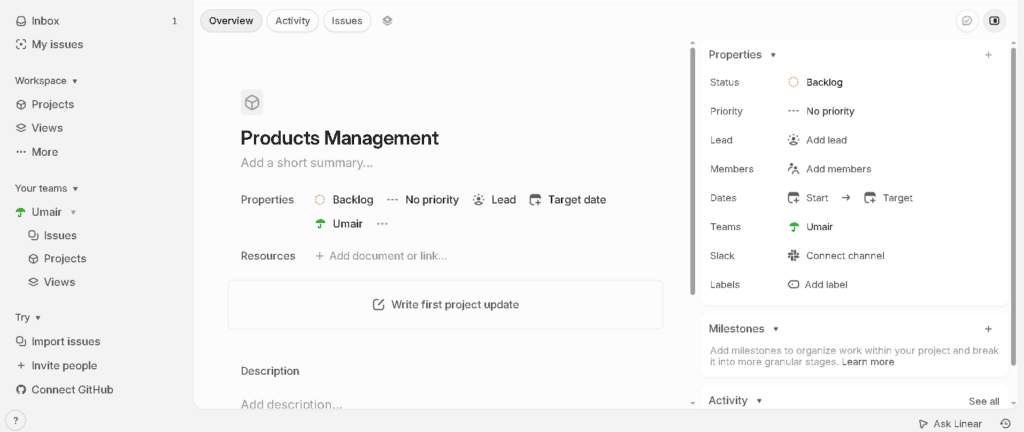 Linear's issue tracker interface showing cycles and project workflow