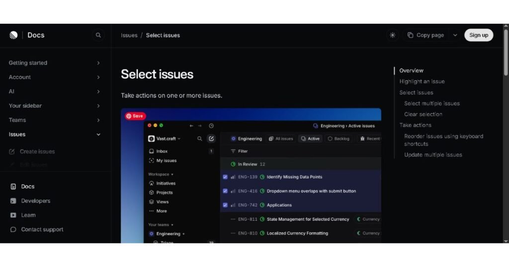 Linear app interface showing Engineering team's active issues list with in-review, assigned issues, and filters