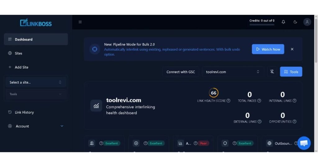 Linkboss link health dashboard with site analytics