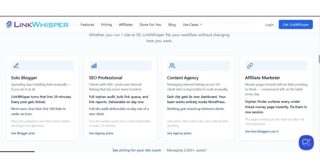 LinkWhisper use cases for solo bloggers, SEO professionals, and agencies