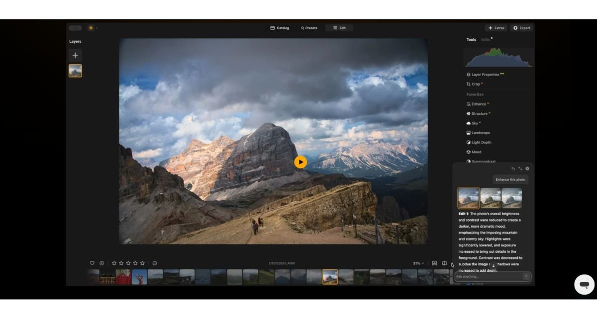 Luminar Neo AI photo editing workspace with enhance panel