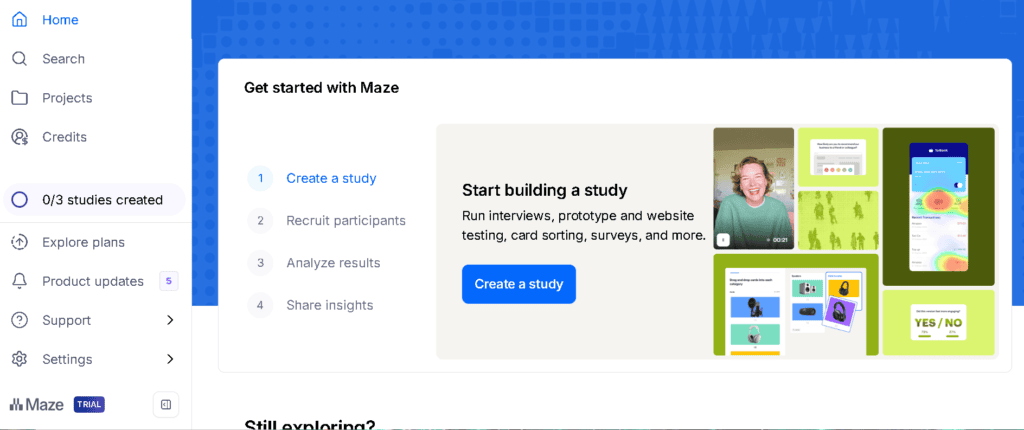 Maze dashboard showing options to get started with usability testing