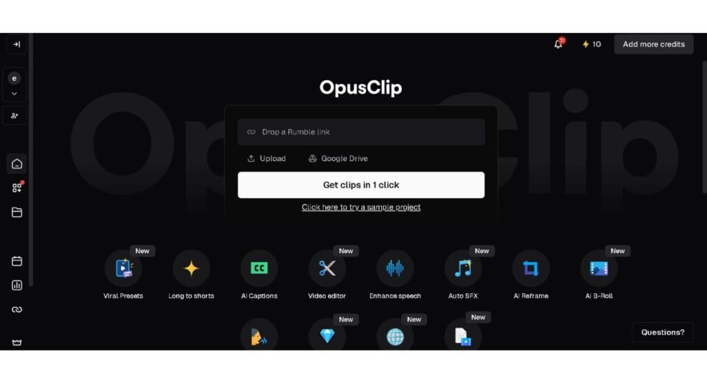 OpusClip dashboard interface for turning real estate listing videos into short form social clips