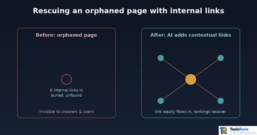 Before and after diagram of orphaned page rescue with internal links